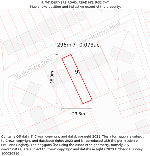 9, WINDERMERE ROAD, READING, RG2 7HT: Plot and title map