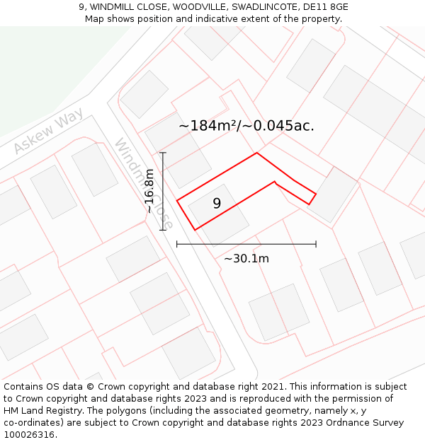 9, WINDMILL CLOSE, WOODVILLE, SWADLINCOTE, DE11 8GE: Plot and title map