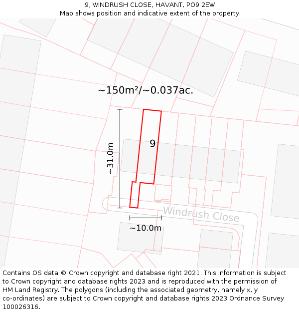 9, WINDRUSH CLOSE, HAVANT, PO9 2EW: Plot and title map