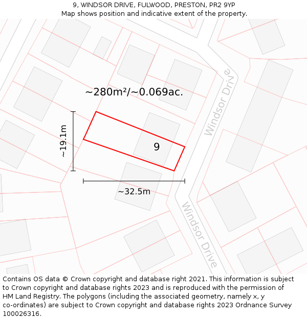 9, WINDSOR DRIVE, FULWOOD, PRESTON, PR2 9YP: Plot and title map