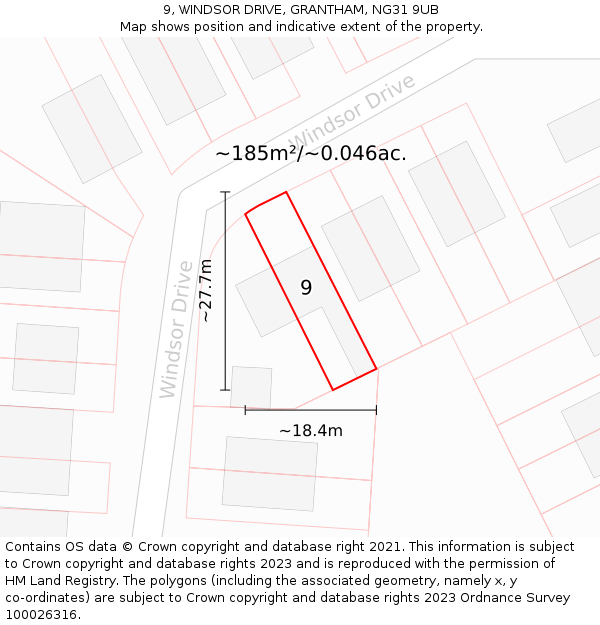 9, WINDSOR DRIVE, GRANTHAM, NG31 9UB: Plot and title map