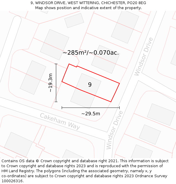 9, WINDSOR DRIVE, WEST WITTERING, CHICHESTER, PO20 8EG: Plot and title map