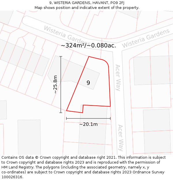 9, WISTERIA GARDENS, HAVANT, PO9 2FJ: Plot and title map