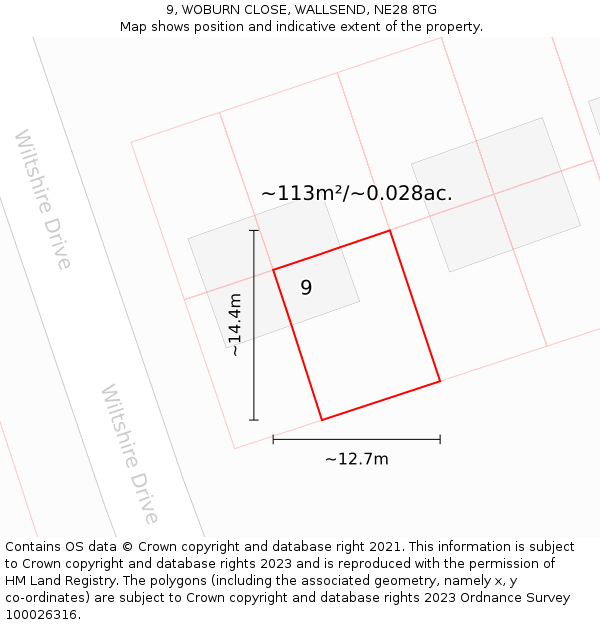 9, WOBURN CLOSE, WALLSEND, NE28 8TG: Plot and title map