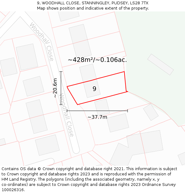 9, WOODHALL CLOSE, STANNINGLEY, PUDSEY, LS28 7TX: Plot and title map