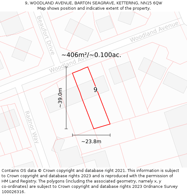 9, WOODLAND AVENUE, BARTON SEAGRAVE, KETTERING, NN15 6QW: Plot and title map