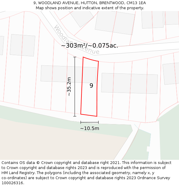 9, WOODLAND AVENUE, HUTTON, BRENTWOOD, CM13 1EA: Plot and title map