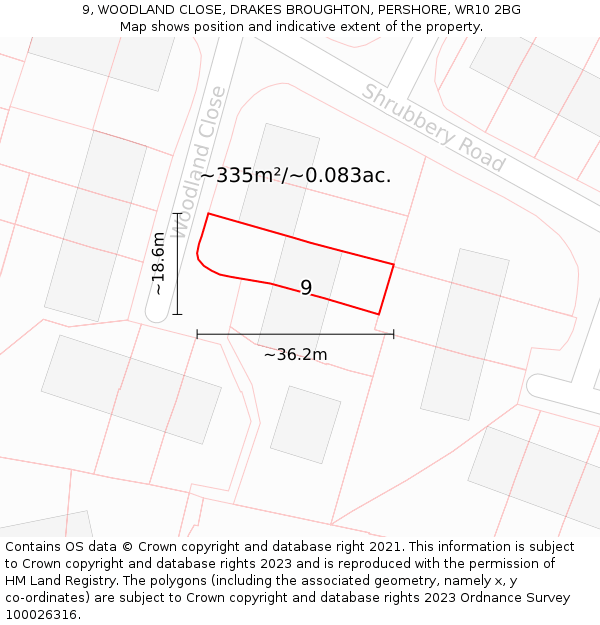 9, WOODLAND CLOSE, DRAKES BROUGHTON, PERSHORE, WR10 2BG: Plot and title map