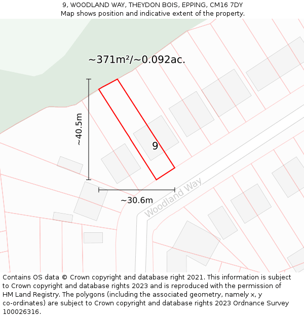 9, WOODLAND WAY, THEYDON BOIS, EPPING, CM16 7DY: Plot and title map