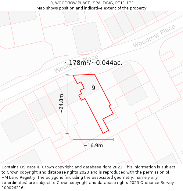 9, WOODROW PLACE, SPALDING, PE11 1BF: Plot and title map