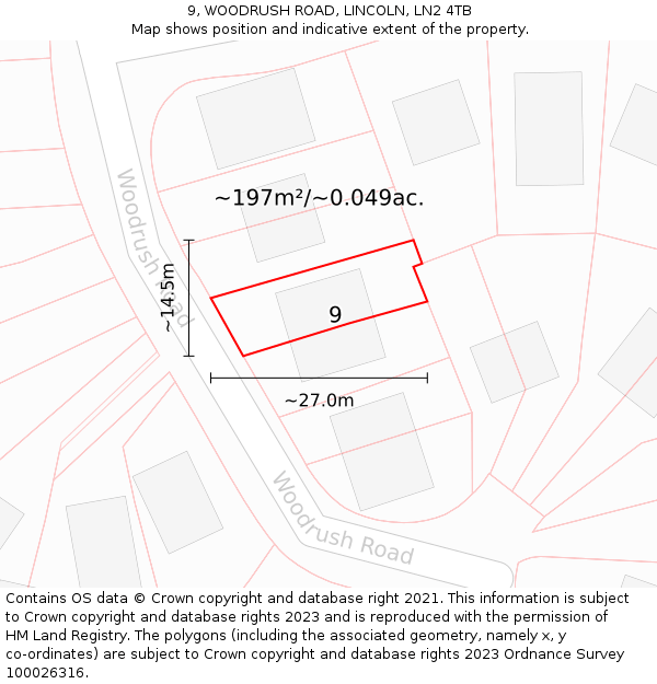 9, WOODRUSH ROAD, LINCOLN, LN2 4TB: Plot and title map