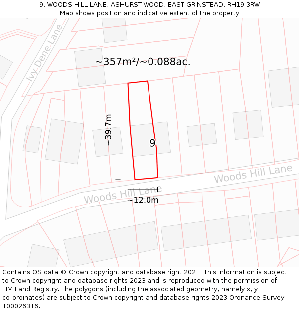 9, WOODS HILL LANE, ASHURST WOOD, EAST GRINSTEAD, RH19 3RW: Plot and title map