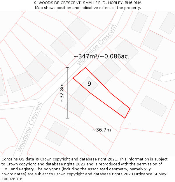 9, WOODSIDE CRESCENT, SMALLFIELD, HORLEY, RH6 9NA: Plot and title map