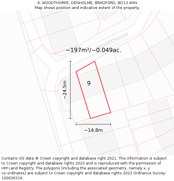 9, WOODTHORPE, DENHOLME, BRADFORD, BD13 4NN: Plot and title map