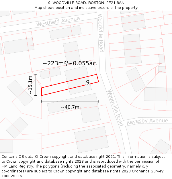 9, WOODVILLE ROAD, BOSTON, PE21 8AN: Plot and title map