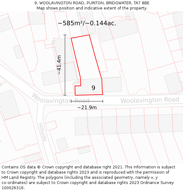 9, WOOLAVINGTON ROAD, PURITON, BRIDGWATER, TA7 8BE: Plot and title map