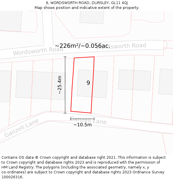 9, WORDSWORTH ROAD, DURSLEY, GL11 4QJ: Plot and title map