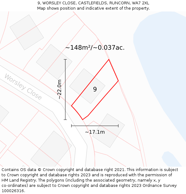 9, WORSLEY CLOSE, CASTLEFIELDS, RUNCORN, WA7 2XL: Plot and title map