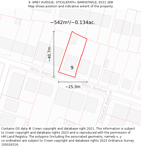 9, WREY AVENUE, STICKLEPATH, BARNSTAPLE, EX31 2EB: Plot and title map