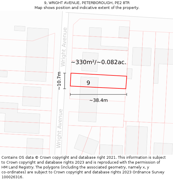 9, WRIGHT AVENUE, PETERBOROUGH, PE2 8TR: Plot and title map