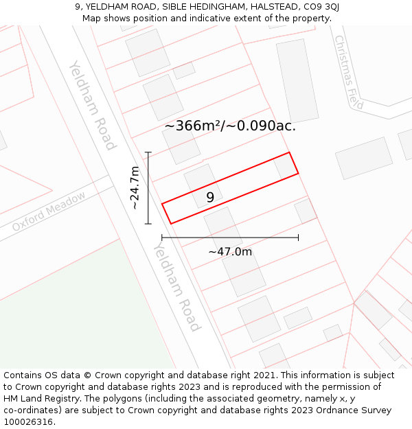 9, YELDHAM ROAD, SIBLE HEDINGHAM, HALSTEAD, CO9 3QJ: Plot and title map