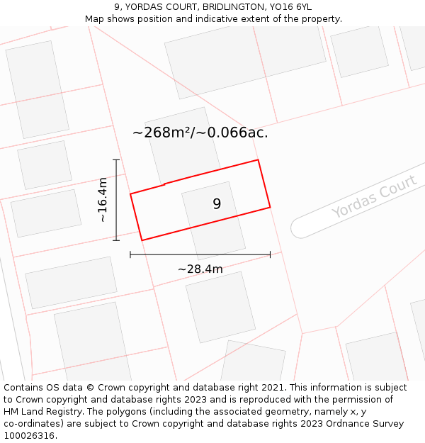 9, YORDAS COURT, BRIDLINGTON, YO16 6YL: Plot and title map