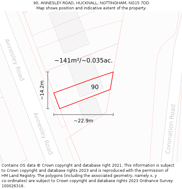 90, ANNESLEY ROAD, HUCKNALL, NOTTINGHAM, NG15 7DD: Plot and title map