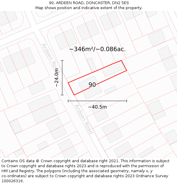 90, ARDEEN ROAD, DONCASTER, DN2 5ES: Plot and title map