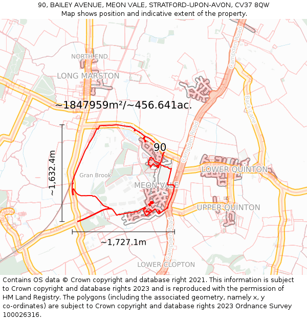 90, BAILEY AVENUE, MEON VALE, STRATFORD-UPON-AVON, CV37 8QW: Plot and title map