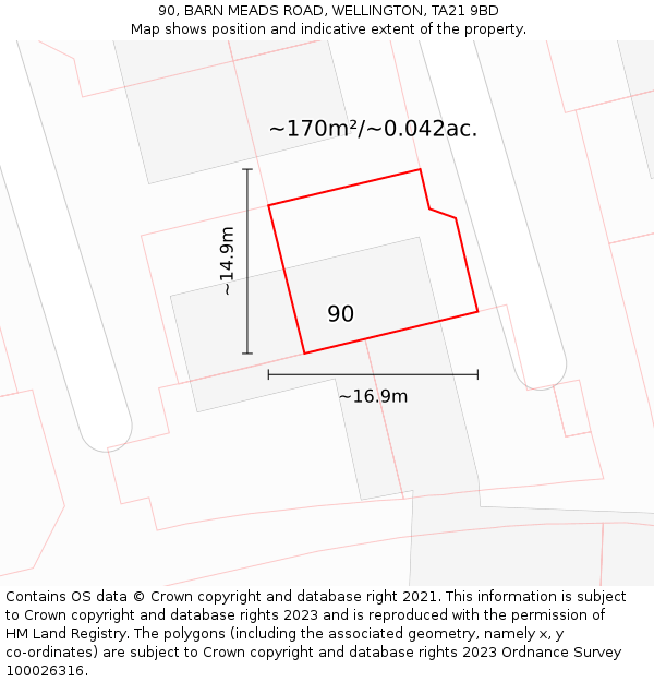 90, BARN MEADS ROAD, WELLINGTON, TA21 9BD: Plot and title map