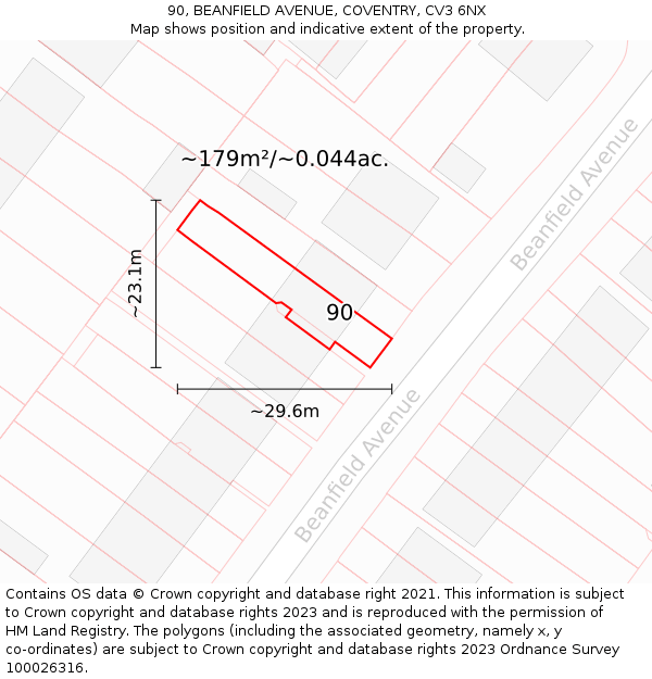 90, BEANFIELD AVENUE, COVENTRY, CV3 6NX: Plot and title map