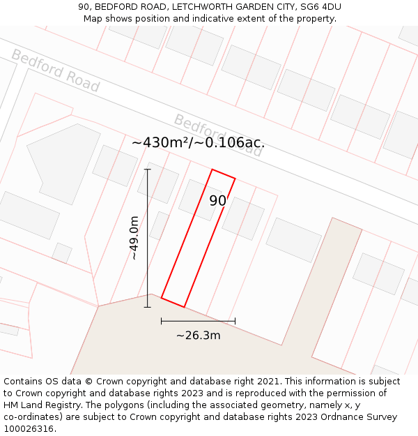 90, BEDFORD ROAD, LETCHWORTH GARDEN CITY, SG6 4DU: Plot and title map