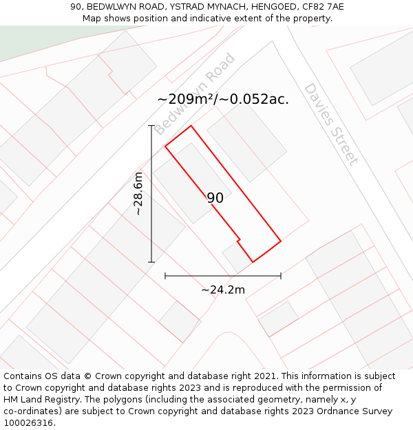 90, BEDWLWYN ROAD, YSTRAD MYNACH, HENGOED, CF82 7AE: Plot and title map