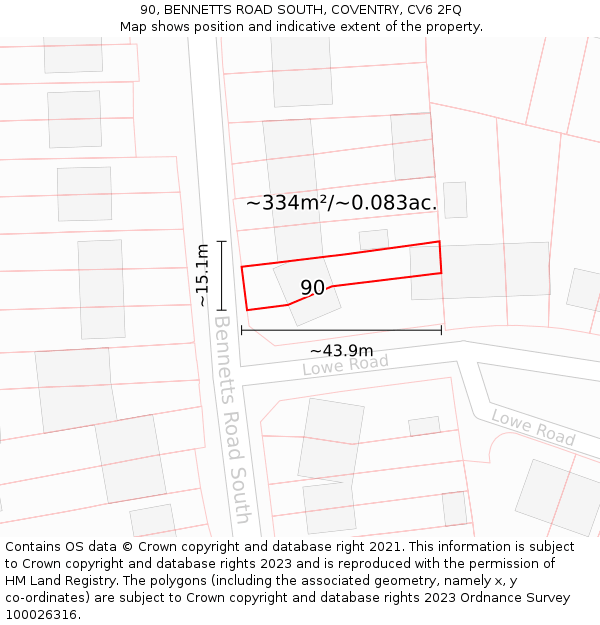 90, BENNETTS ROAD SOUTH, COVENTRY, CV6 2FQ: Plot and title map