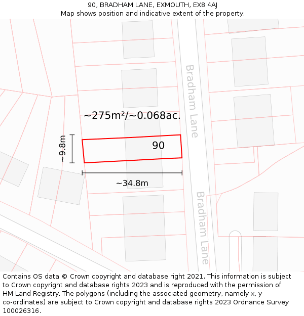 90, BRADHAM LANE, EXMOUTH, EX8 4AJ: Plot and title map