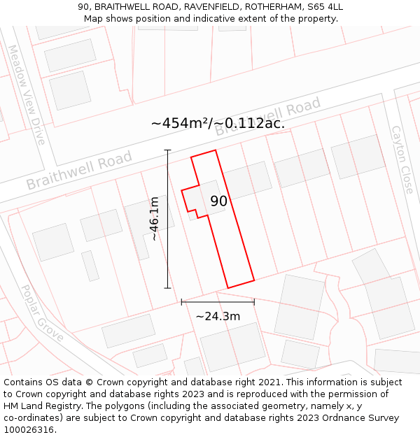 90, BRAITHWELL ROAD, RAVENFIELD, ROTHERHAM, S65 4LL: Plot and title map