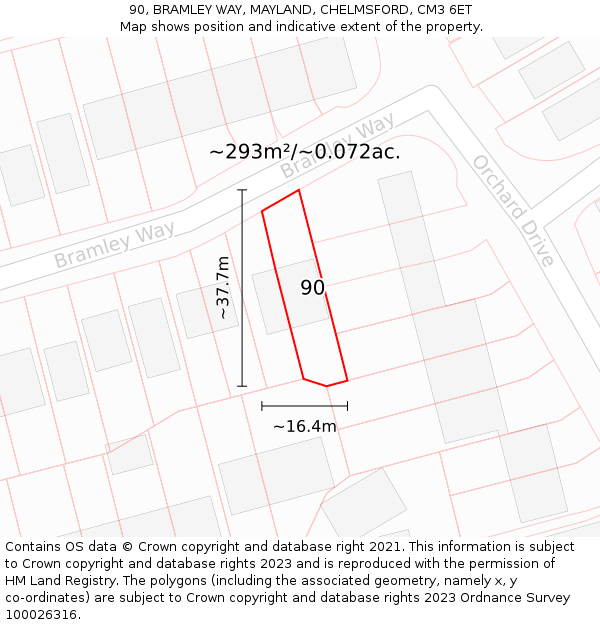 90, BRAMLEY WAY, MAYLAND, CHELMSFORD, CM3 6ET: Plot and title map