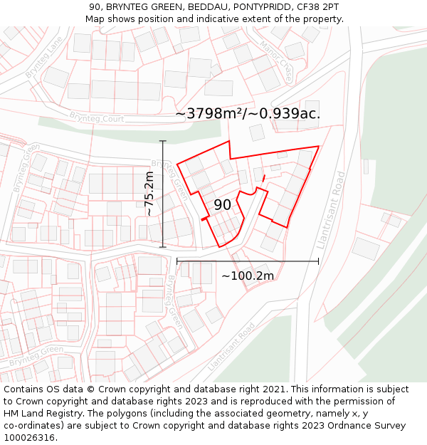 90, BRYNTEG GREEN, BEDDAU, PONTYPRIDD, CF38 2PT: Plot and title map