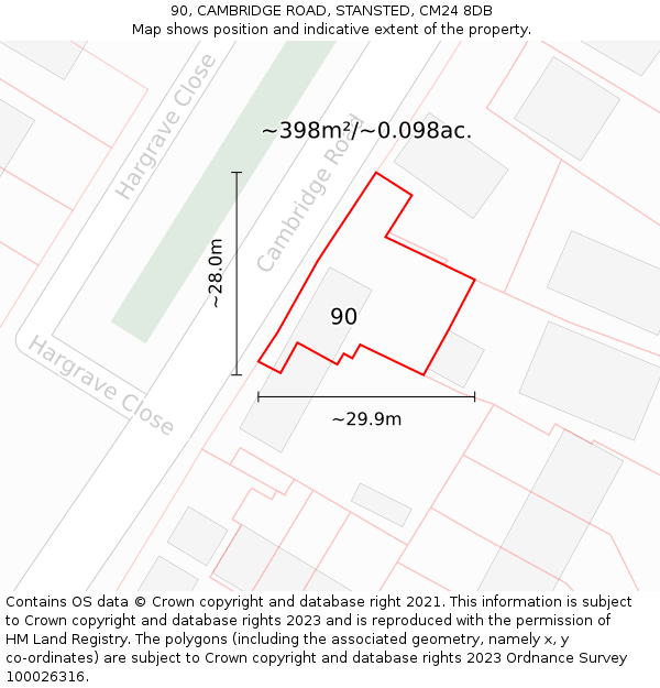 90, CAMBRIDGE ROAD, STANSTED, CM24 8DB: Plot and title map