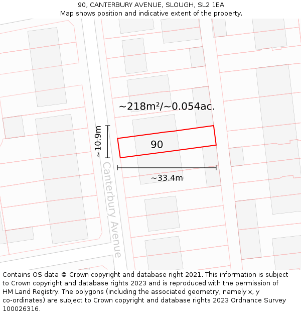 90, CANTERBURY AVENUE, SLOUGH, SL2 1EA: Plot and title map