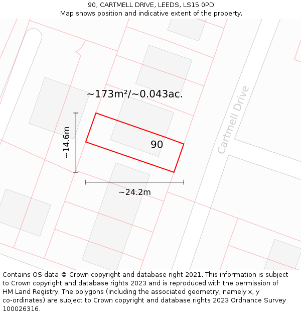 90, CARTMELL DRIVE, LEEDS, LS15 0PD: Plot and title map