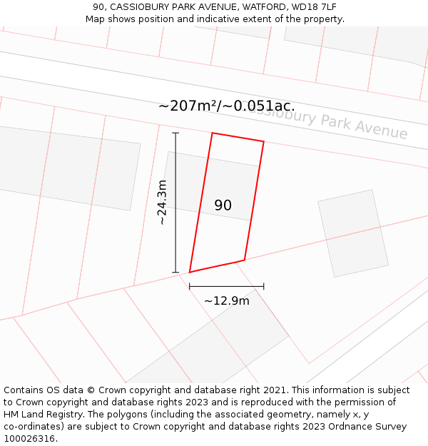 90, CASSIOBURY PARK AVENUE, WATFORD, WD18 7LF: Plot and title map