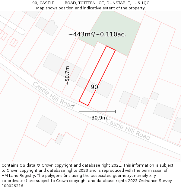 90, CASTLE HILL ROAD, TOTTERNHOE, DUNSTABLE, LU6 1QG: Plot and title map