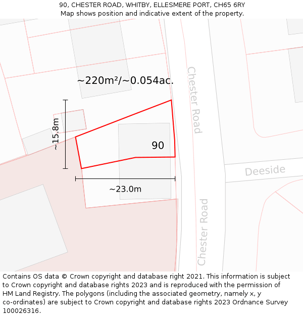 90, CHESTER ROAD, WHITBY, ELLESMERE PORT, CH65 6RY: Plot and title map