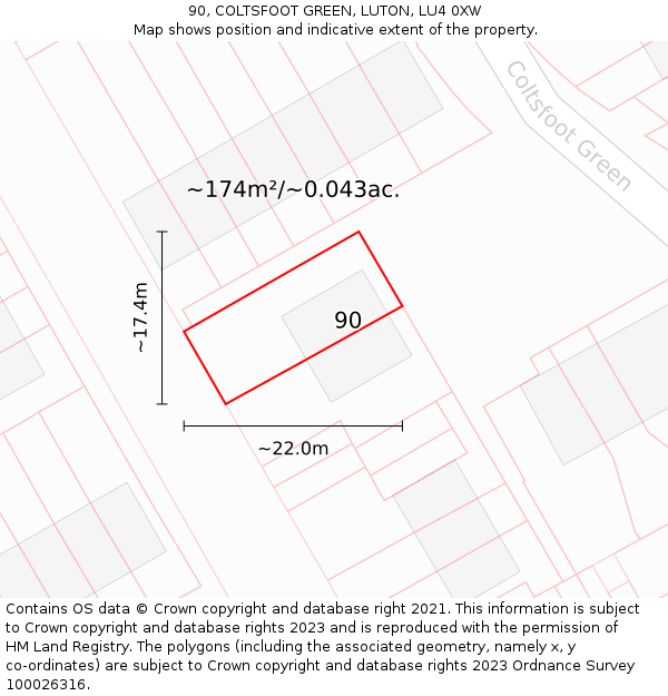 90, COLTSFOOT GREEN, LUTON, LU4 0XW: Plot and title map