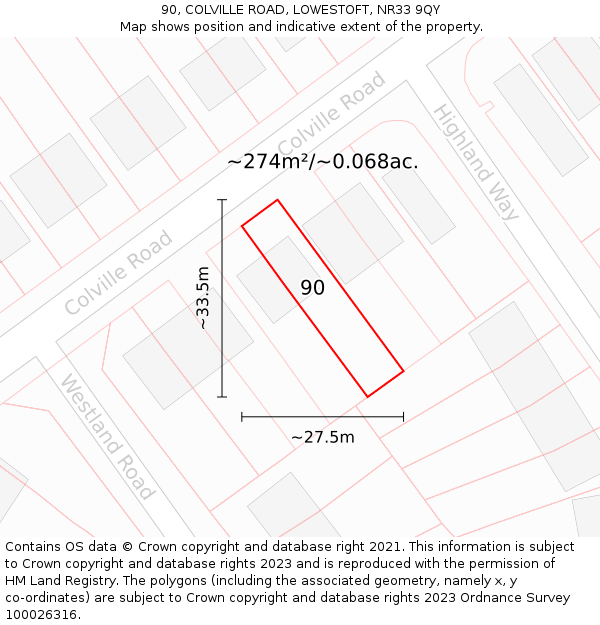 90, COLVILLE ROAD, LOWESTOFT, NR33 9QY: Plot and title map