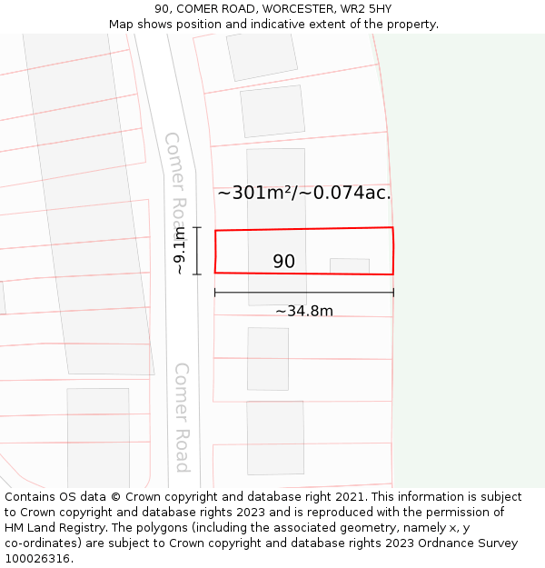 90, COMER ROAD, WORCESTER, WR2 5HY: Plot and title map
