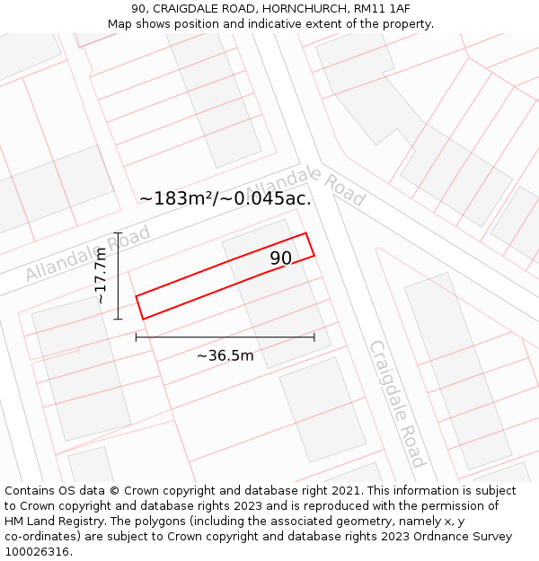 90, CRAIGDALE ROAD, HORNCHURCH, RM11 1AF: Plot and title map