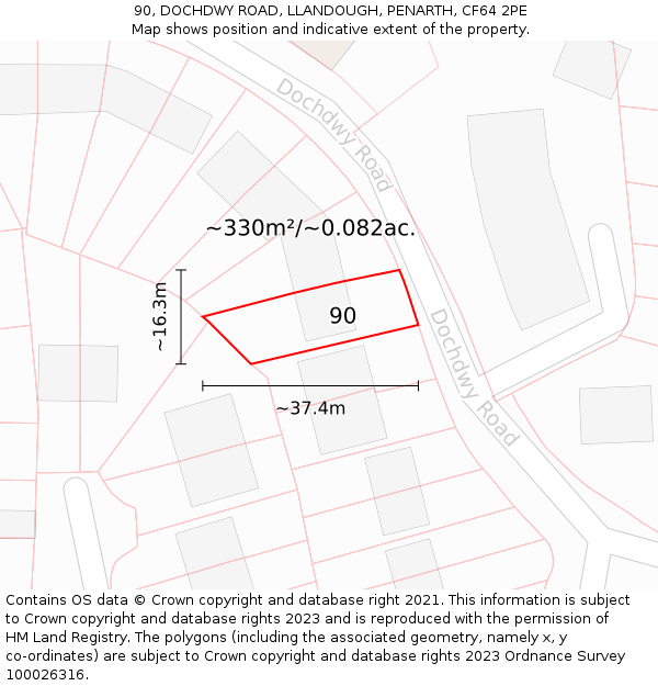 90, DOCHDWY ROAD, LLANDOUGH, PENARTH, CF64 2PE: Plot and title map