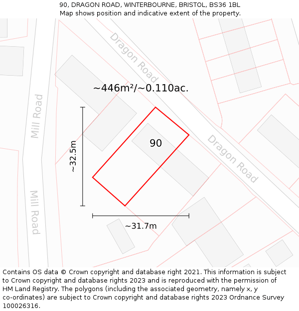 90, DRAGON ROAD, WINTERBOURNE, BRISTOL, BS36 1BL: Plot and title map